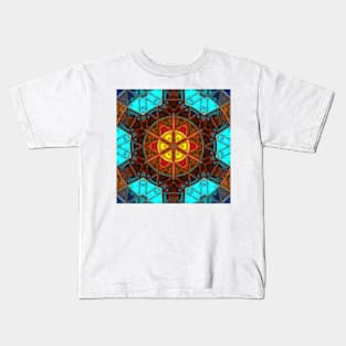 Mosaic Kaleidoscope Flower Blue Orange and Yellow Kids T-Shirt